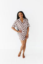 mom wearing Bronze and white checkered bamboo short sleeve pajama set for women, featuring a relaxed fit and elastic waistband by Rad Toddler.