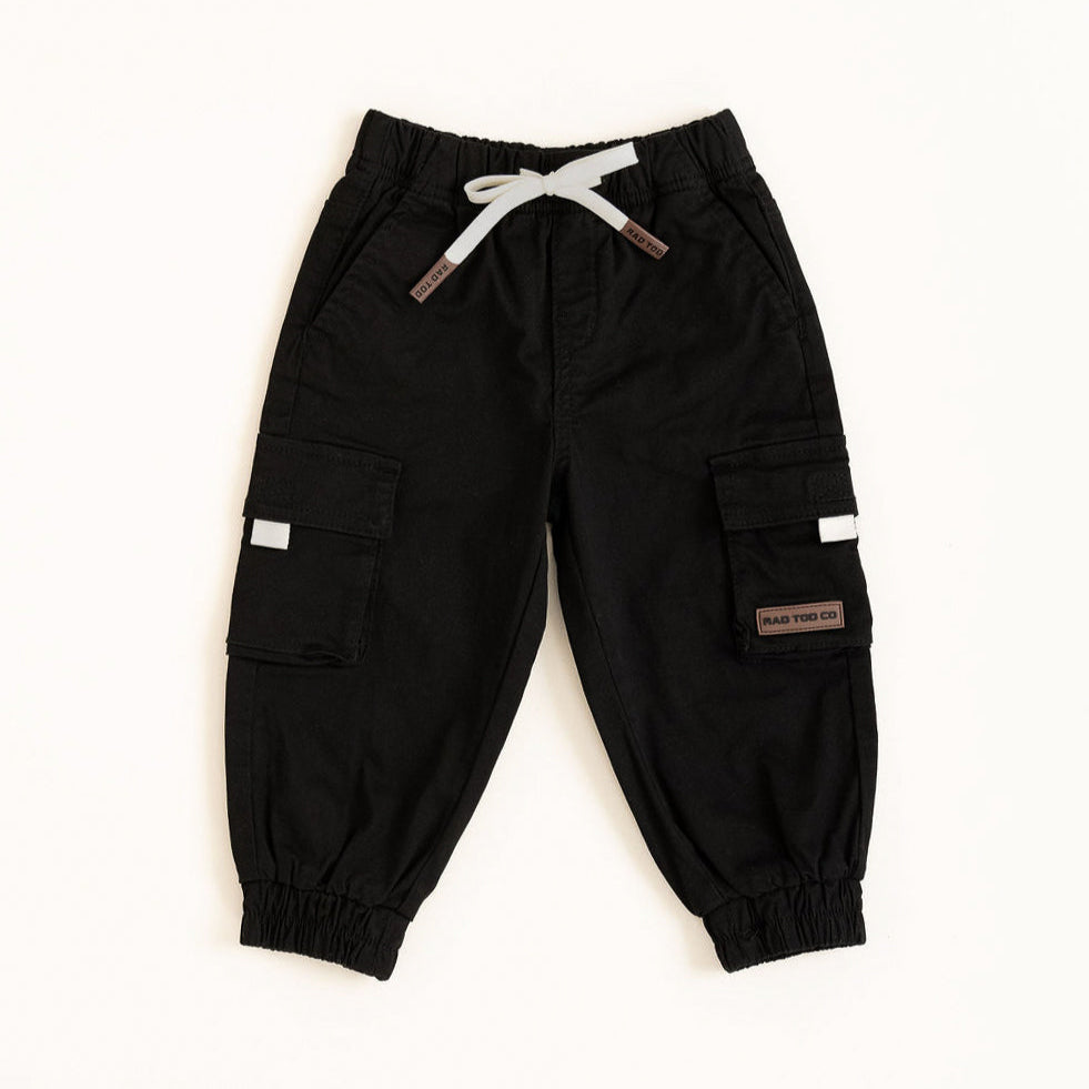 Black cargo pants with white drawstring on a white background