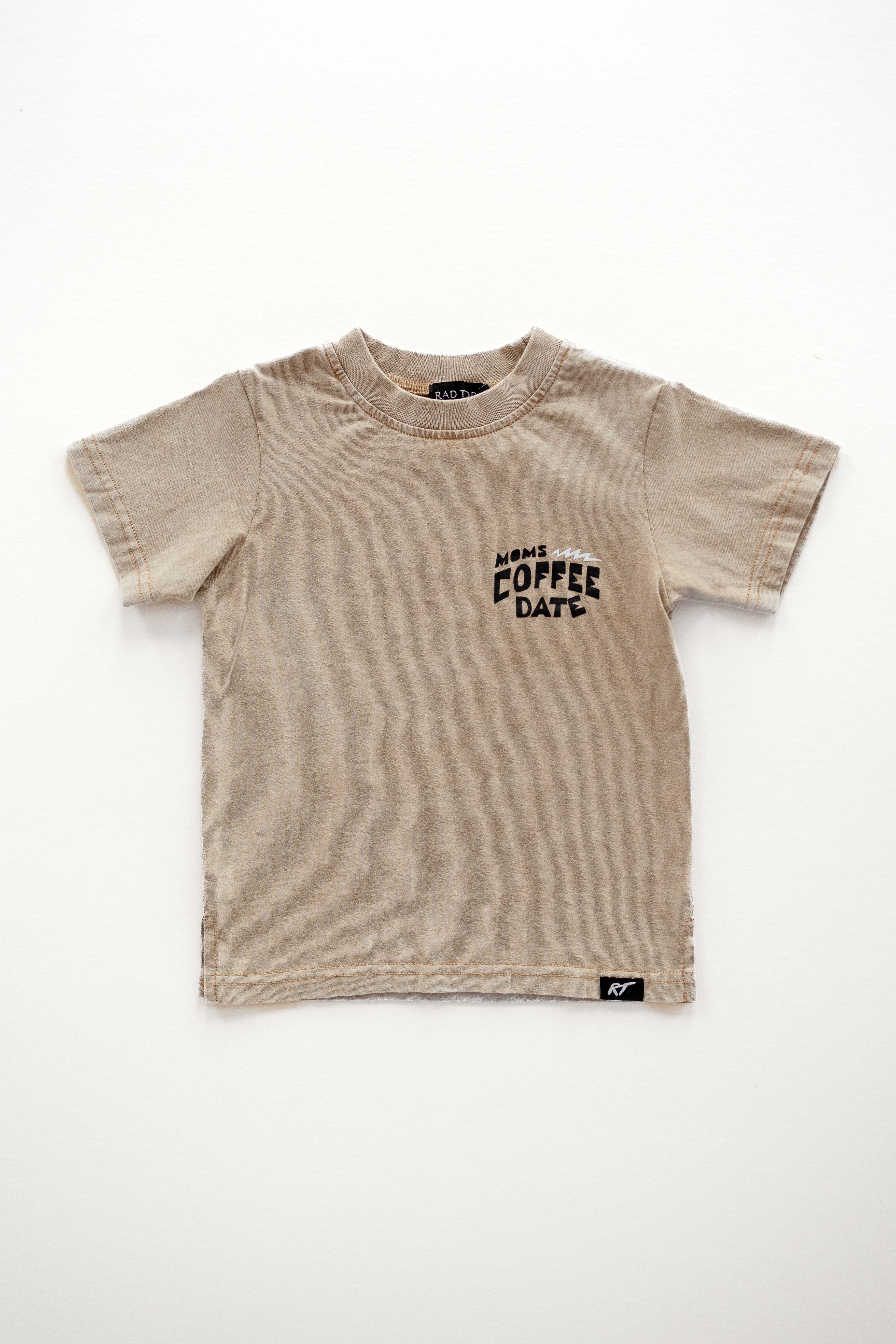 moms coffee date front side of the tee shirt, dark beige color and durable material