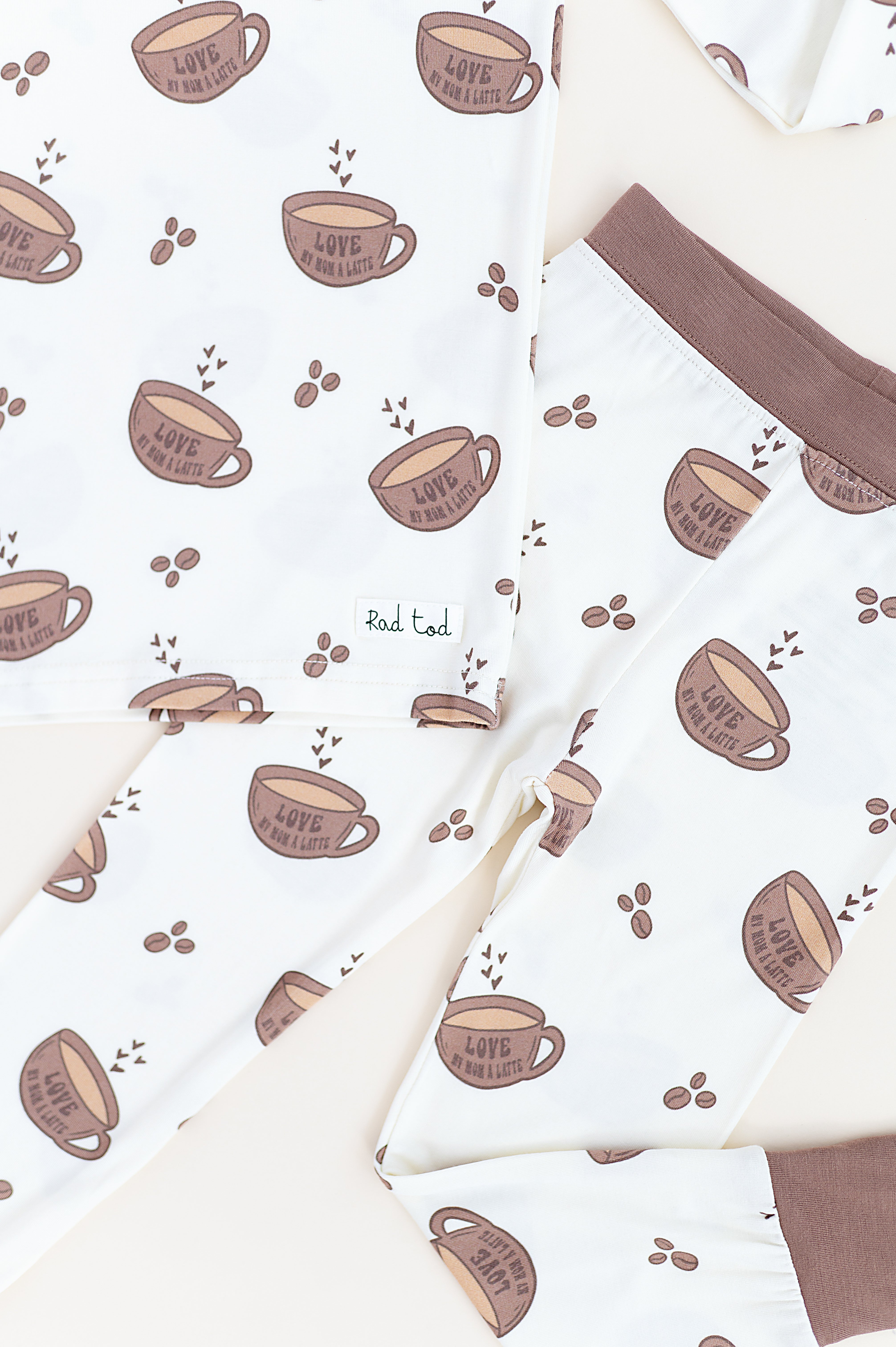 details on the Love My Mom Latte Bamboo Pajamas featuring soft, breathable fabric and a playful design for ultimate comfort and style at bedtime