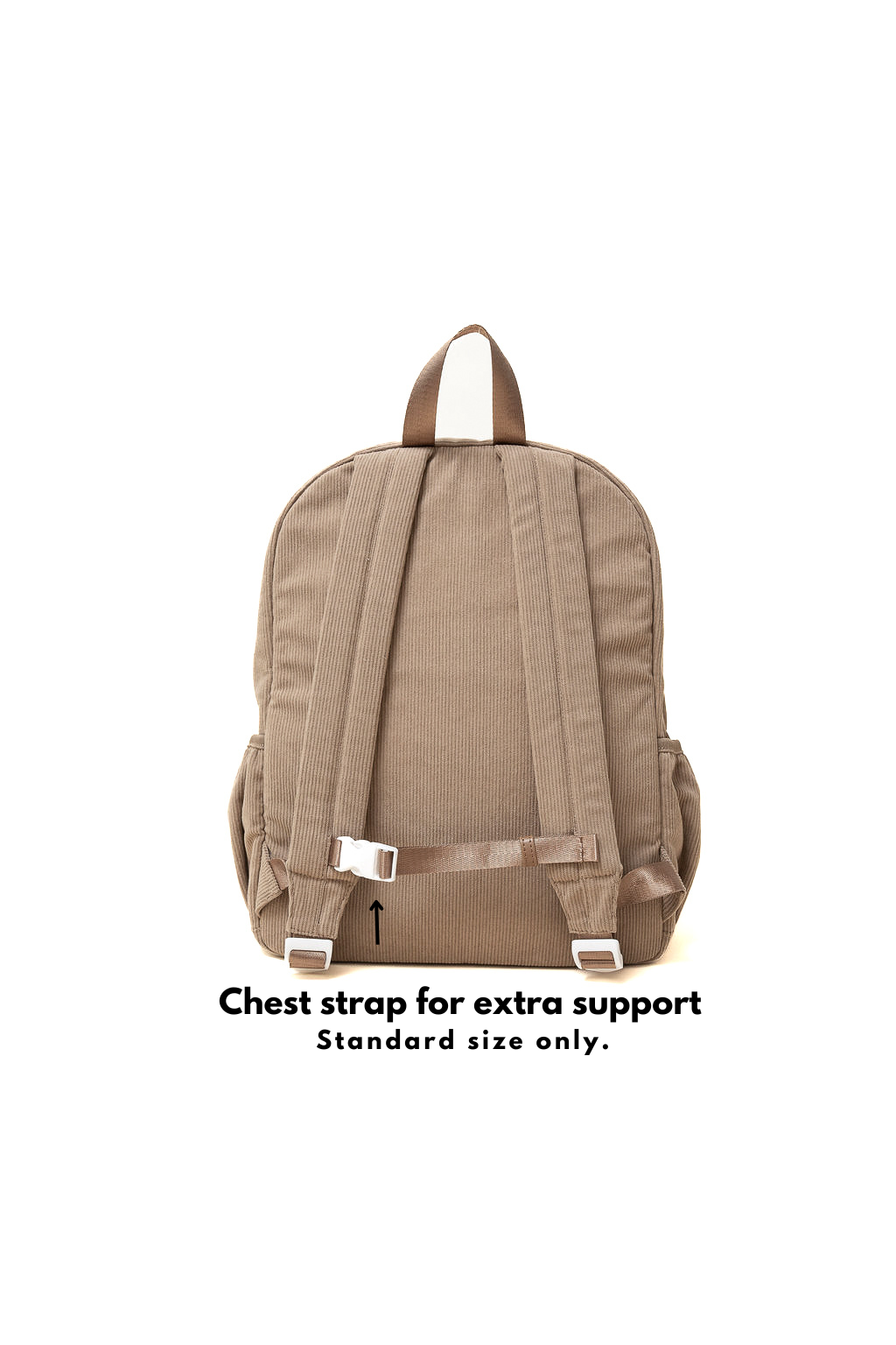 Beige backpack with chest strap on a white background