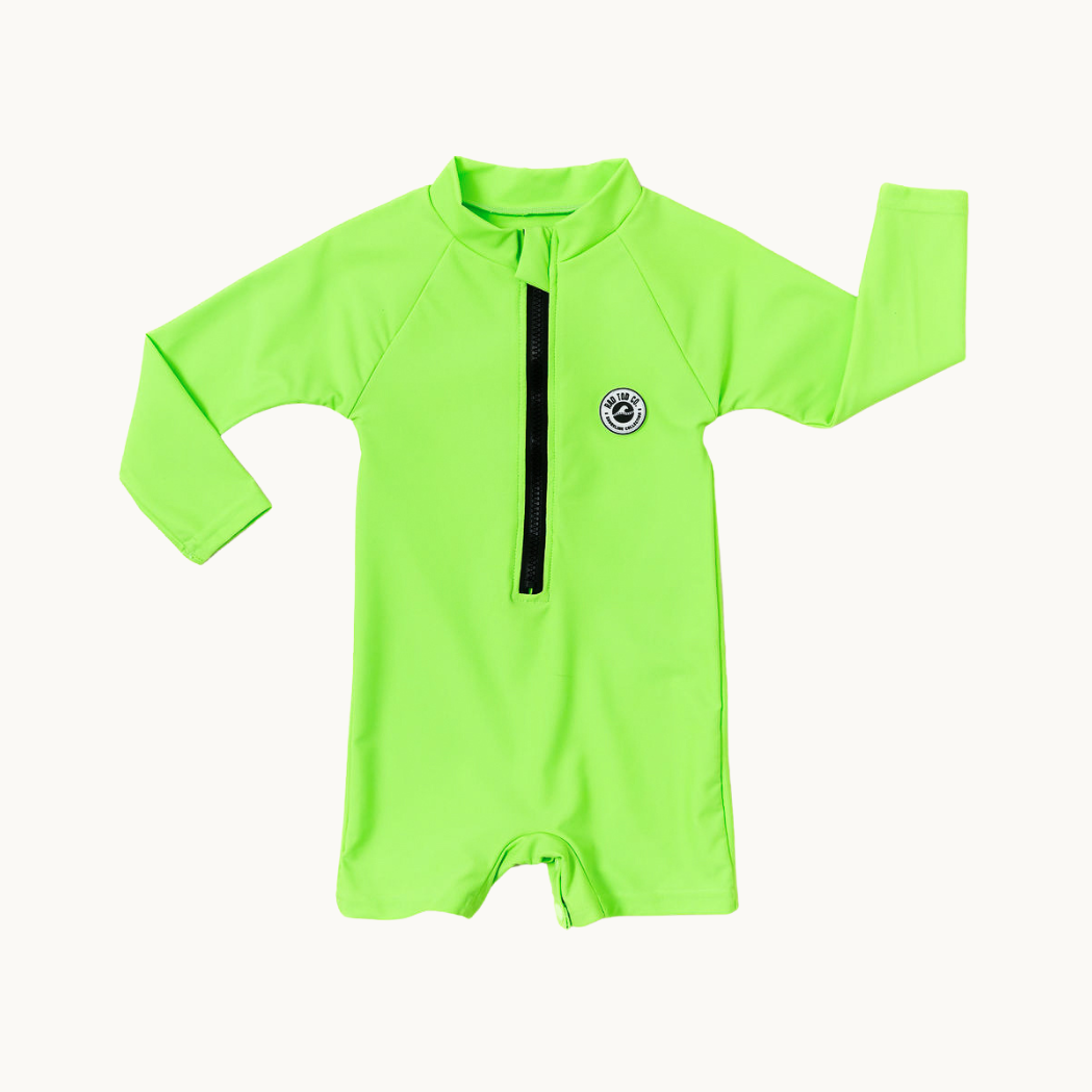 Electric lime kids rashguard onesie hi vis swimwear UPF 50