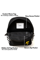 Black backpack with labeled features on a white background