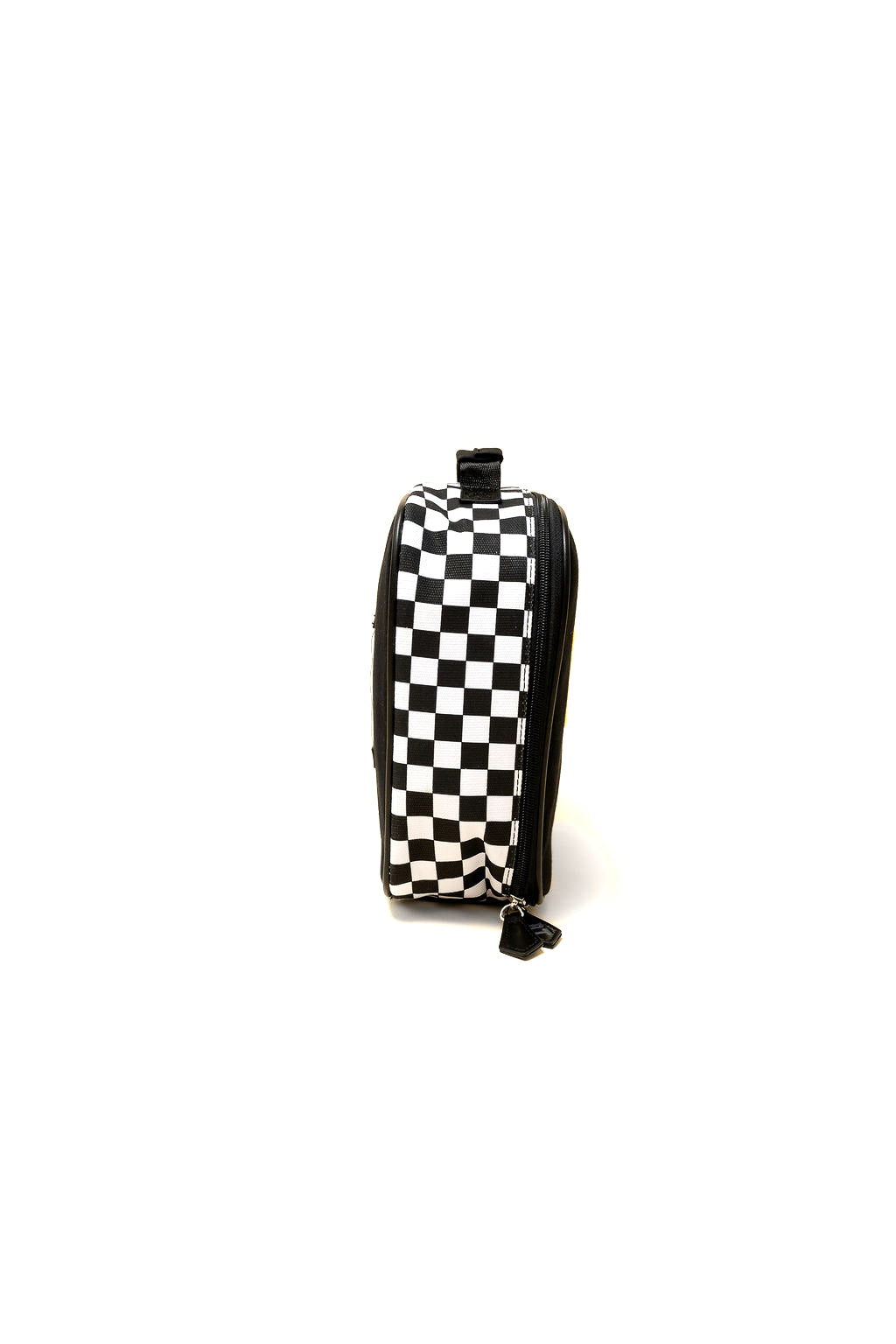 Black and white checkered pouch on a white background