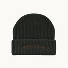 A dark charcoal gray ribbed knit beanie with a folded cuff, featuring the brand name 'FOREVER YOUNG' embroidered in brown on the front cuff, set against a plain off-white background.