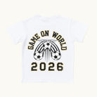 Game On World 2026 kids soccer graphic tee in white