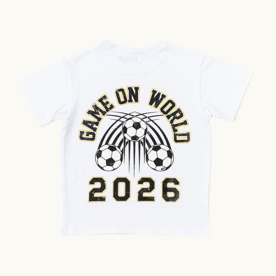 Game On World 2026 kids soccer graphic tee in white