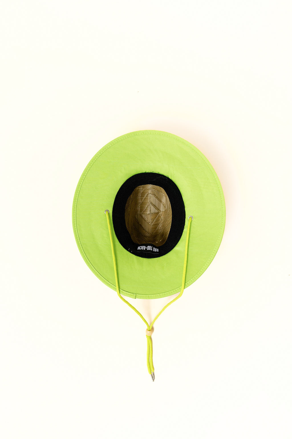 bottom of Hi-Vis Lime straw hat with natural straw exterior and bright lime detail under the brim, wide brim providing sun protection for face, ears, and neck.