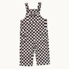 Rad Tod Overalls in brown and white checkerboard pattern, featuring adjustable shoulder straps and front utility pockets, shown flat against a light off-white background.