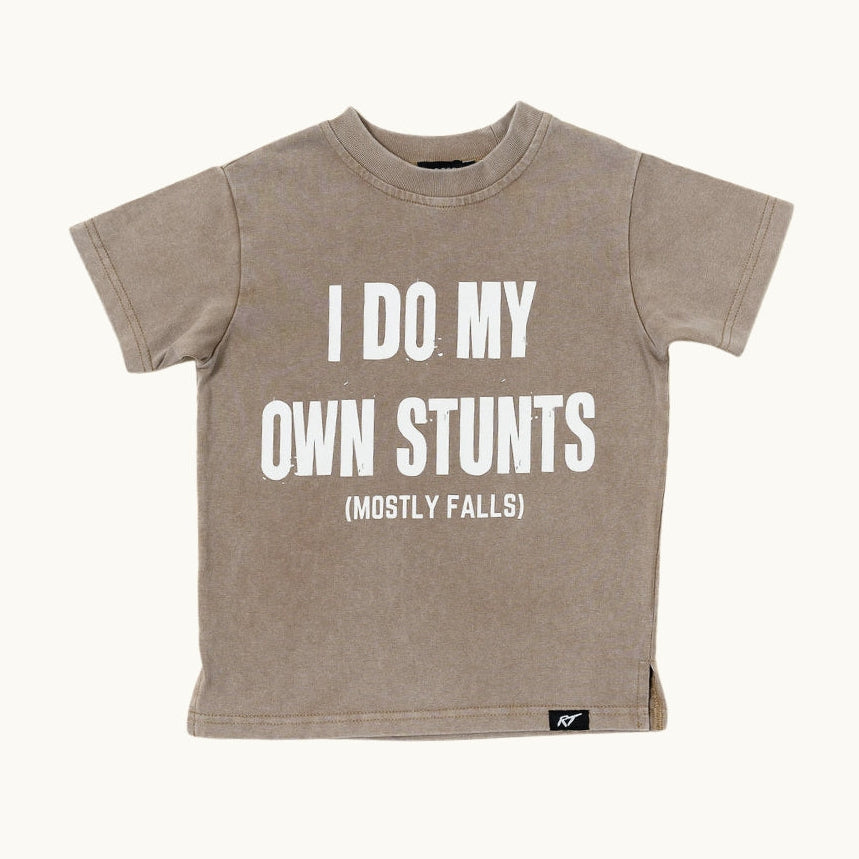 Kids sand tee shirt that says I Do My Own Stunts
