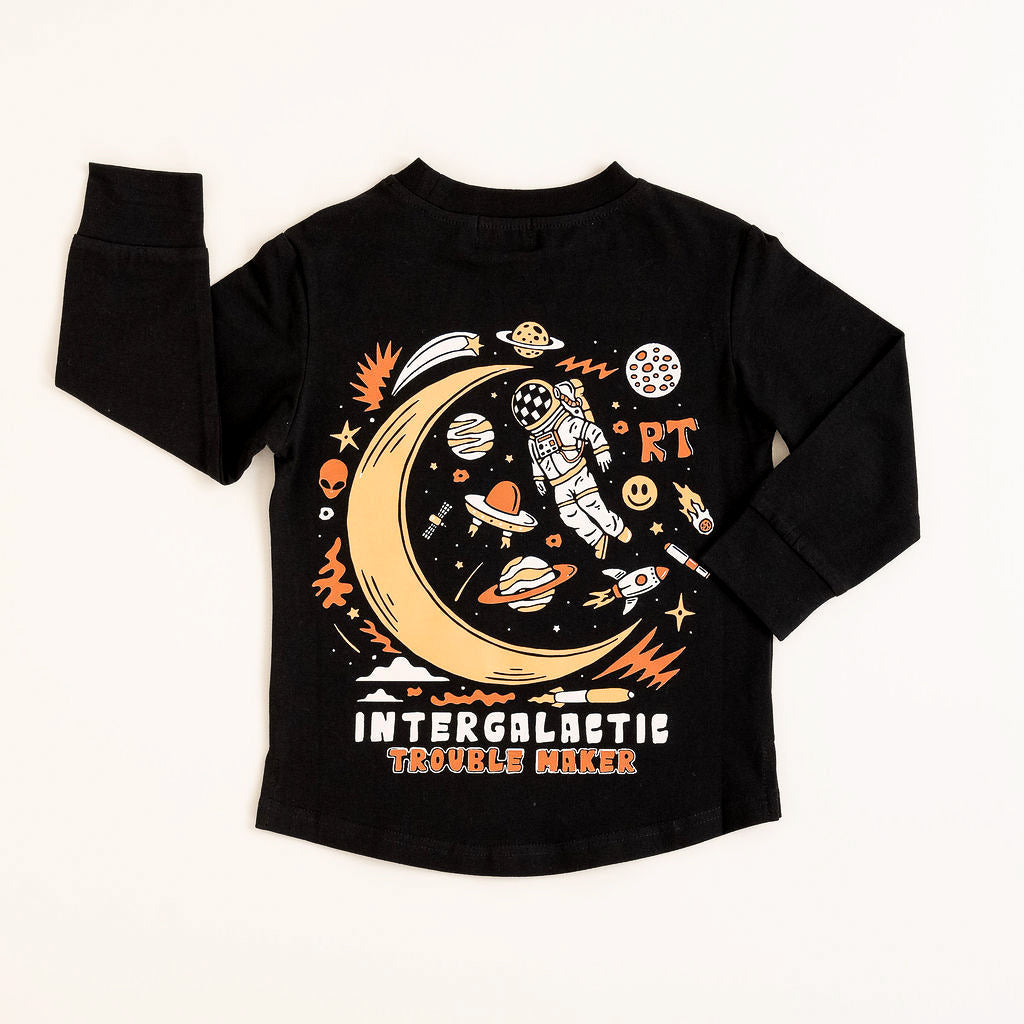 Back graphic of Intergalactic Troublemaker long sleeve in black