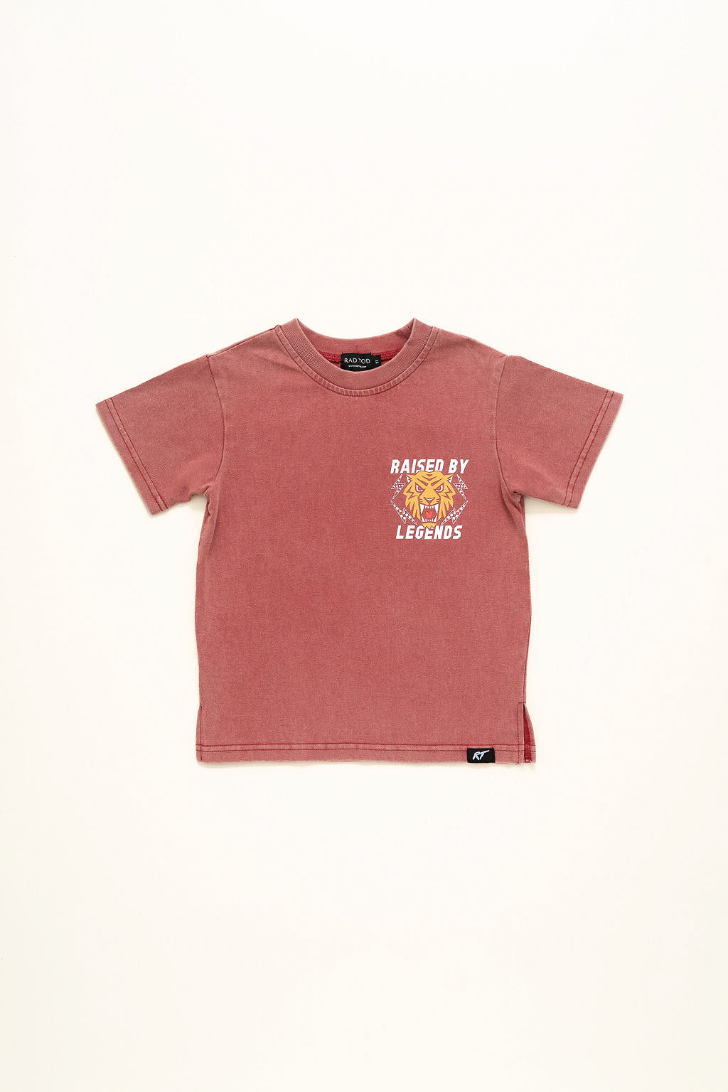 Raised by Legends tiger tee in red acid wash, premium kids graphic t-shirt front side