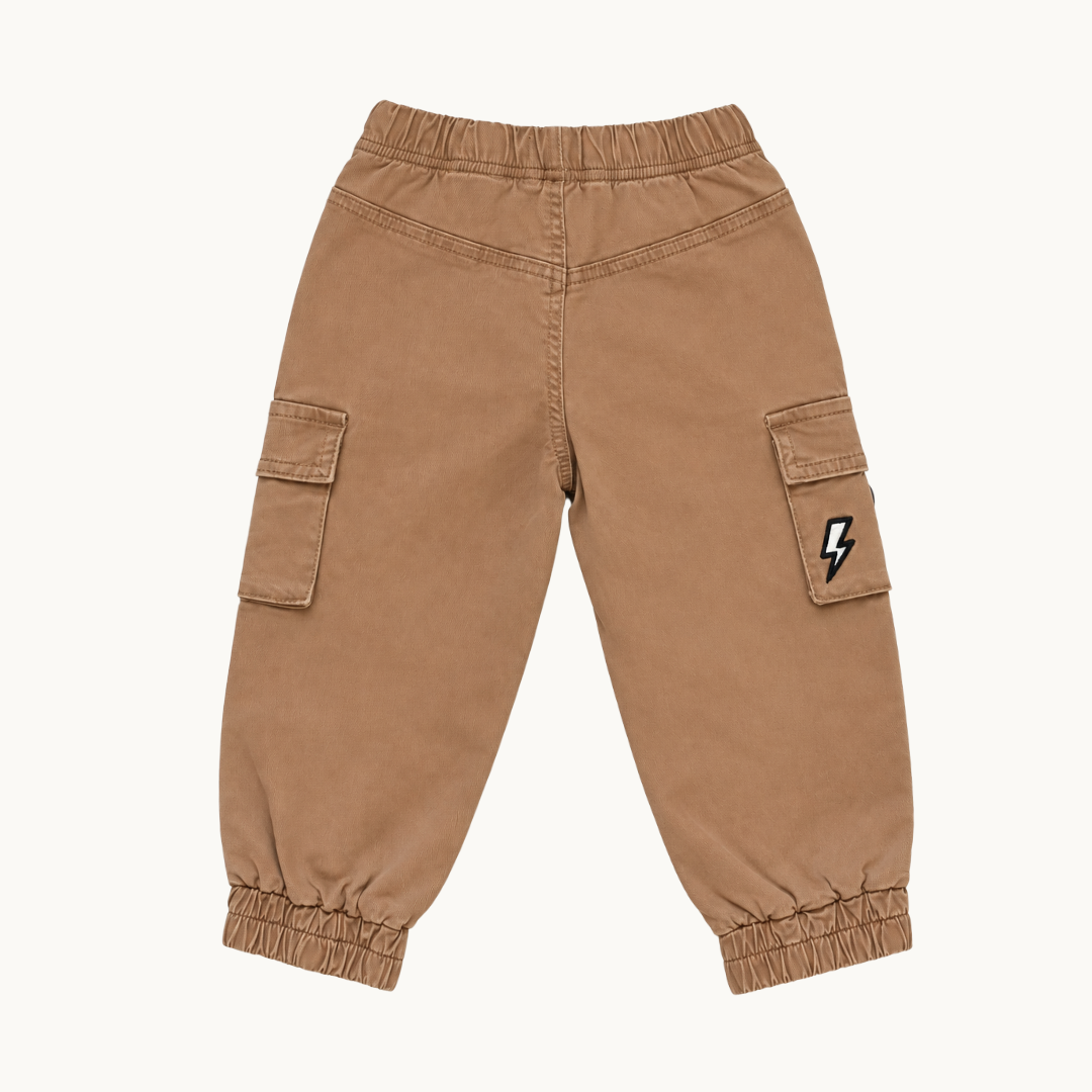 Cargo pants in canyon color with a lightning bolt patch