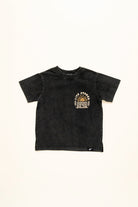 Black acid wash kids t-shirt with Live Stoked golden sun and surfboard graphic front side