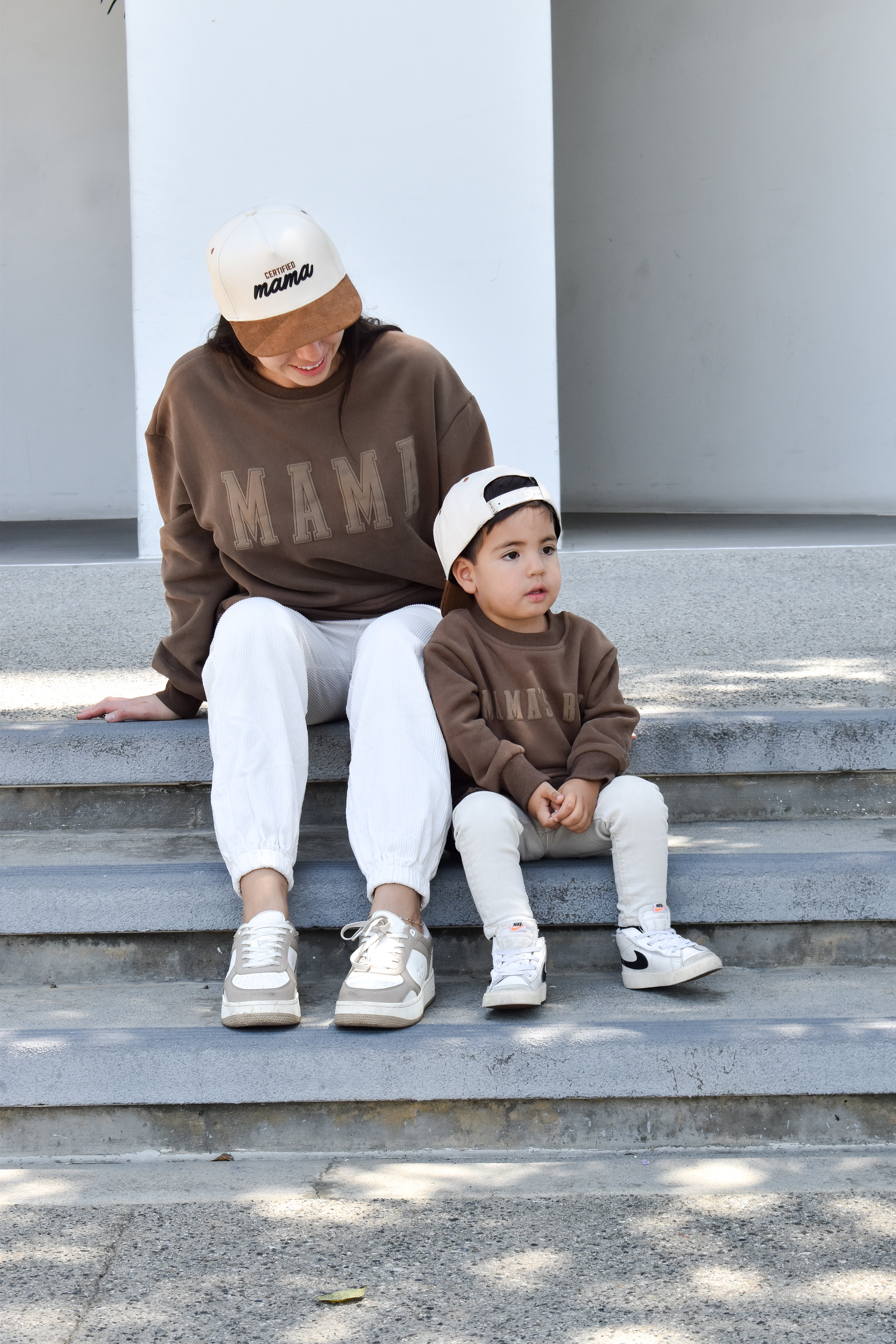 Matching Mama and Mamas boy crewneck worn by a mother an her son