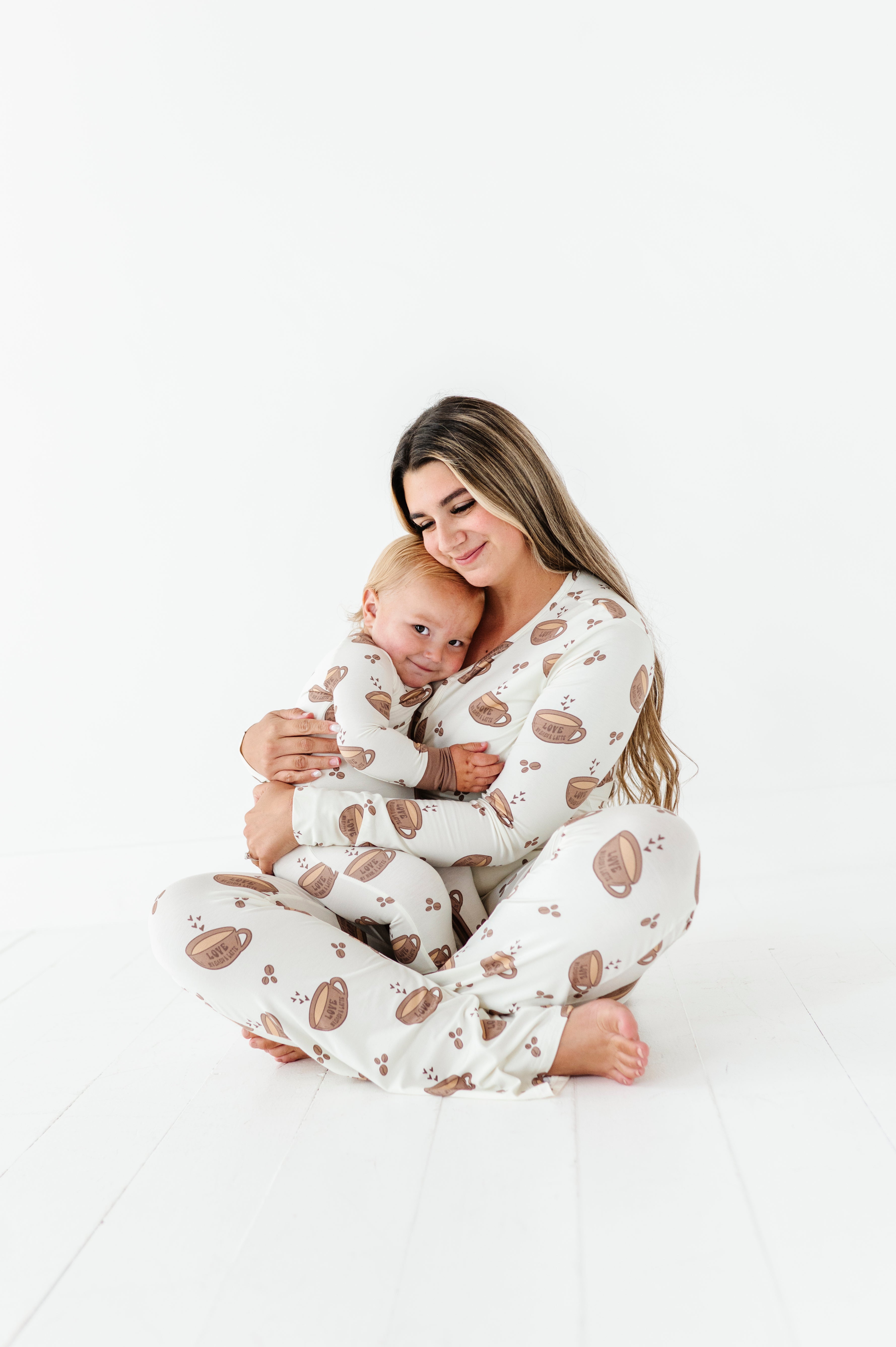 Women’s Love My Baby A Latte Bamboo pajamas featuring soft, eco-friendly bamboo fabric, offering comfort and breathability for everyday wear with your little one matching as well