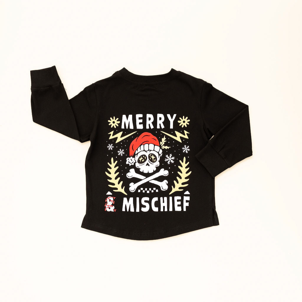 Black long-sleeve shirt with a skull and crossbones design and 'Merry Mischief' text on a white background.