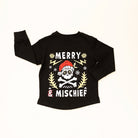 Black long-sleeve shirt with a skull and crossbones design and 'Merry Mischief' text on a white background.