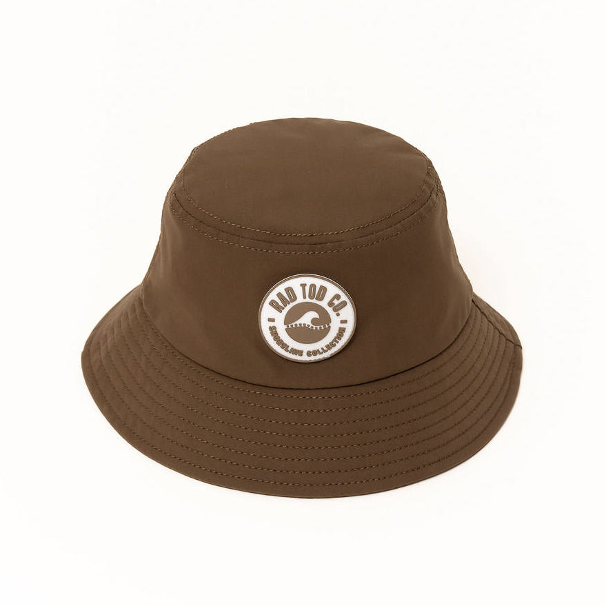 Brown bucket hat with a Rad Tod logo on a white background