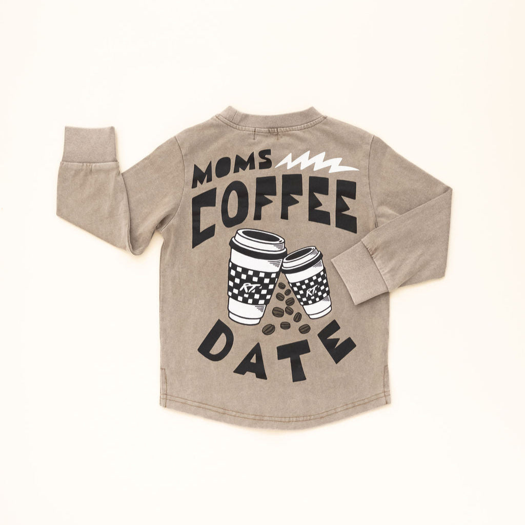Beige long-sleeve shirt with 'Moms Coffee Date' text and coffee cup graphics on a white background