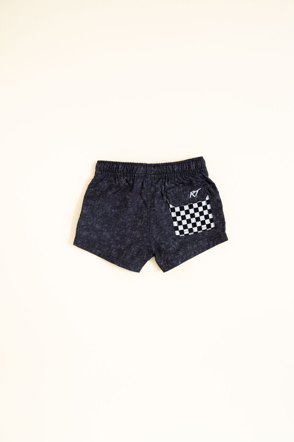 Onyx shorts with a checkered pocket on a white background
