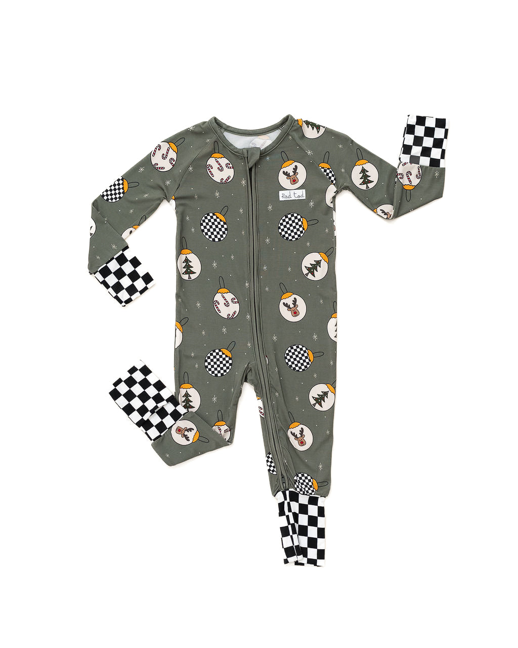 Pine green kids holiday pajamas with festive ornament design