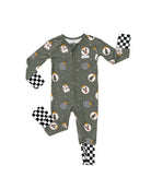 Pine green kids holiday pajamas with festive ornament design