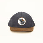 Front view of RAD TODDLER Skate Club kids snapback with Rad Toddler Club patch on gray crown and brown bill.