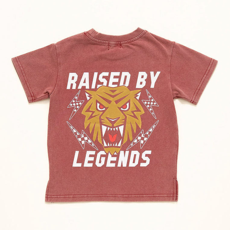 Red acid wash kids t-shirt with Raised by Legends tiger graphic, premium cotton blend back side
