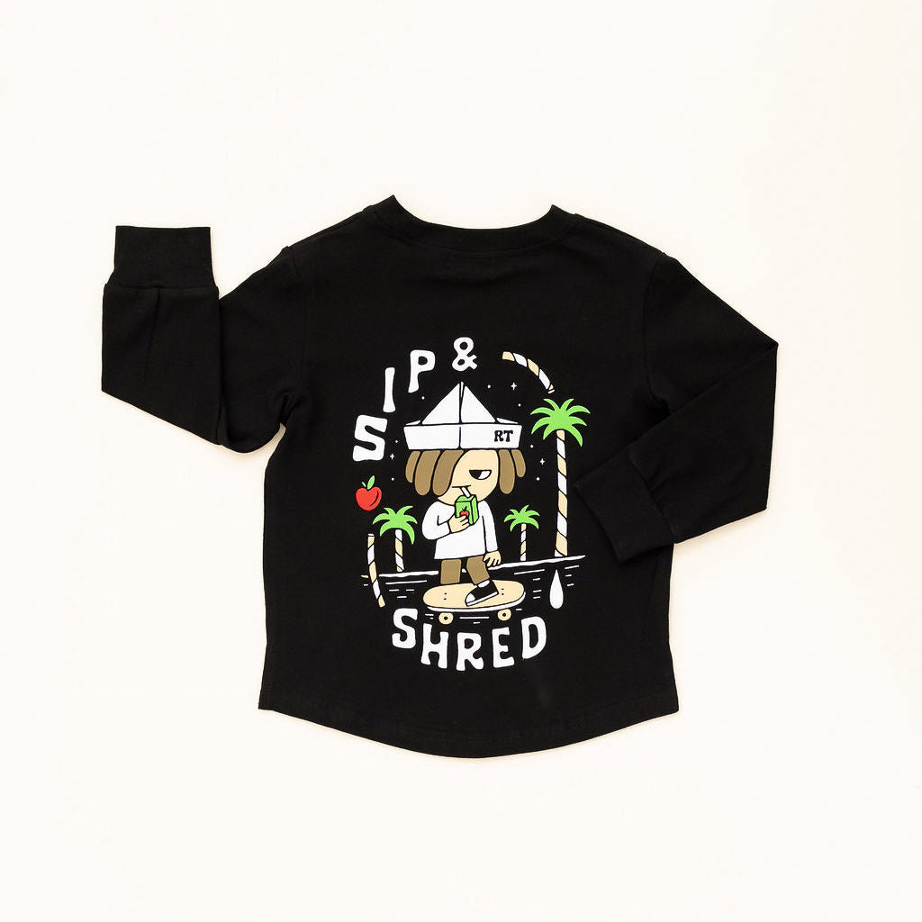 Kids graphic long sleeve – skateboard and juice box design