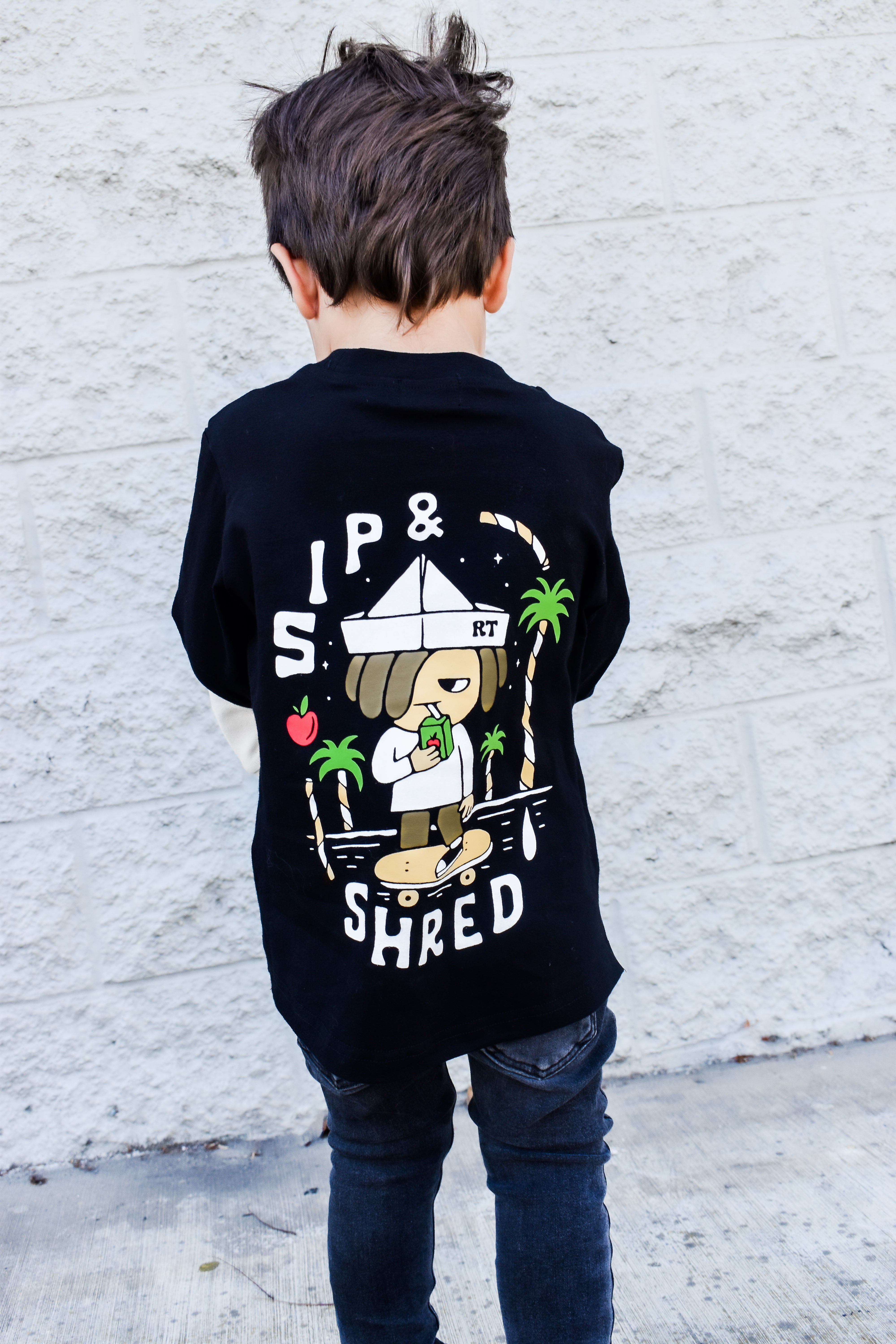 Kids graphic long sleeve – skateboard and juice box design