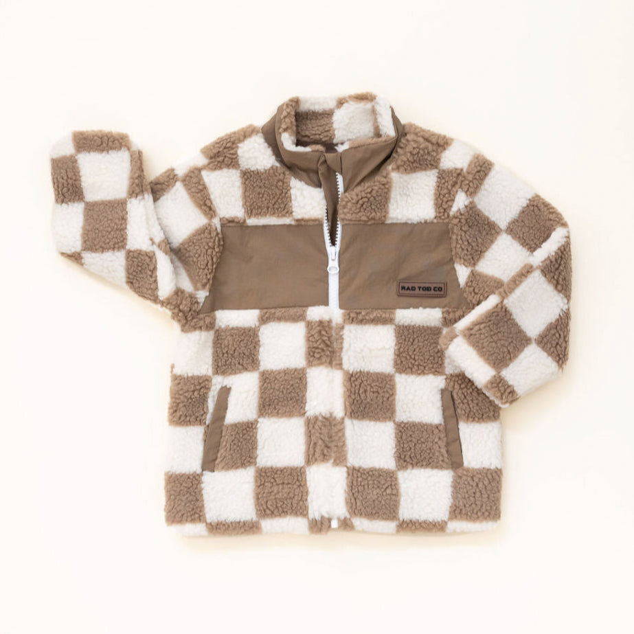 Teddy Checkerboard Sherpa jacket in beige checker pattern – zip-up design