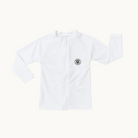 White kids rashguard shirt with zipper UPF 50 swimwear by rad toddler