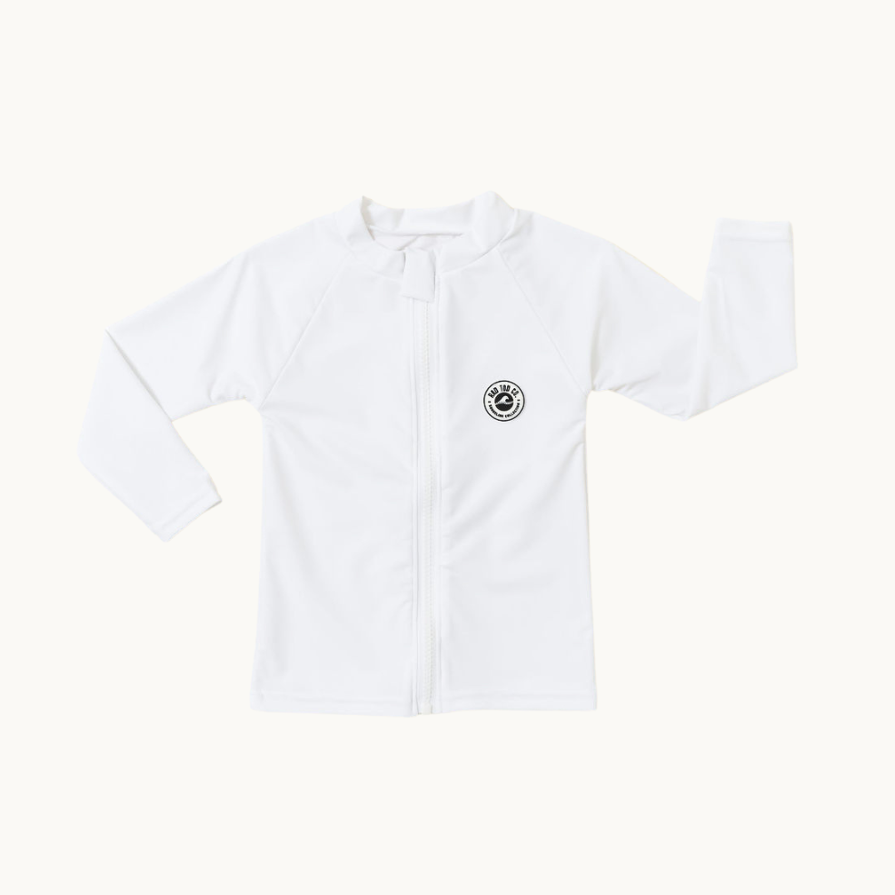 White kids rashguard shirt with zipper UPF 50 swimwear by rad toddler