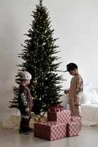 Two children in beige and brown checkered holiday sweaters stand in a room next to a decorated Christmas tree with lights, with wrapped presents on the floor in front.