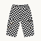 Black and white checkered cargo pants with multiple utility pockets, displayed flat against a light off-white background.